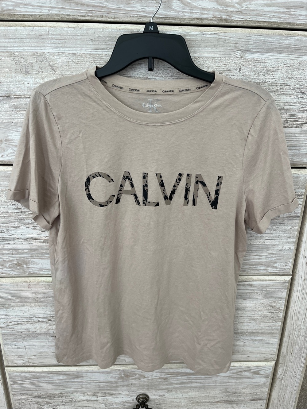 Calvin Klein Taupe Logo Tee with Black Pattern